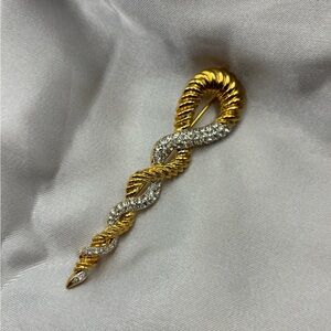 Vintage Gold & Pavé Crystal Twisted Ribbon Brooch
